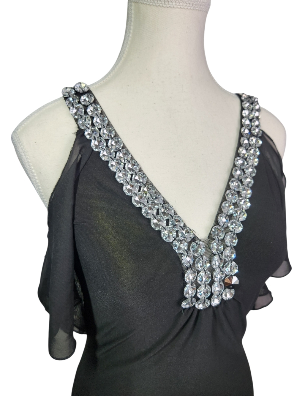 Body Central Black Rhinestone V-Neck Dress Cold Shoulder Bodycon Party Small Y2K - Picture 4 of 11